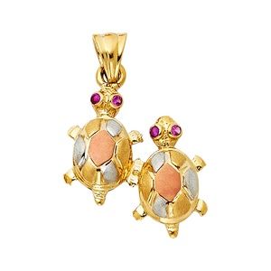 14K Tri Color Twin Turtle Pendant